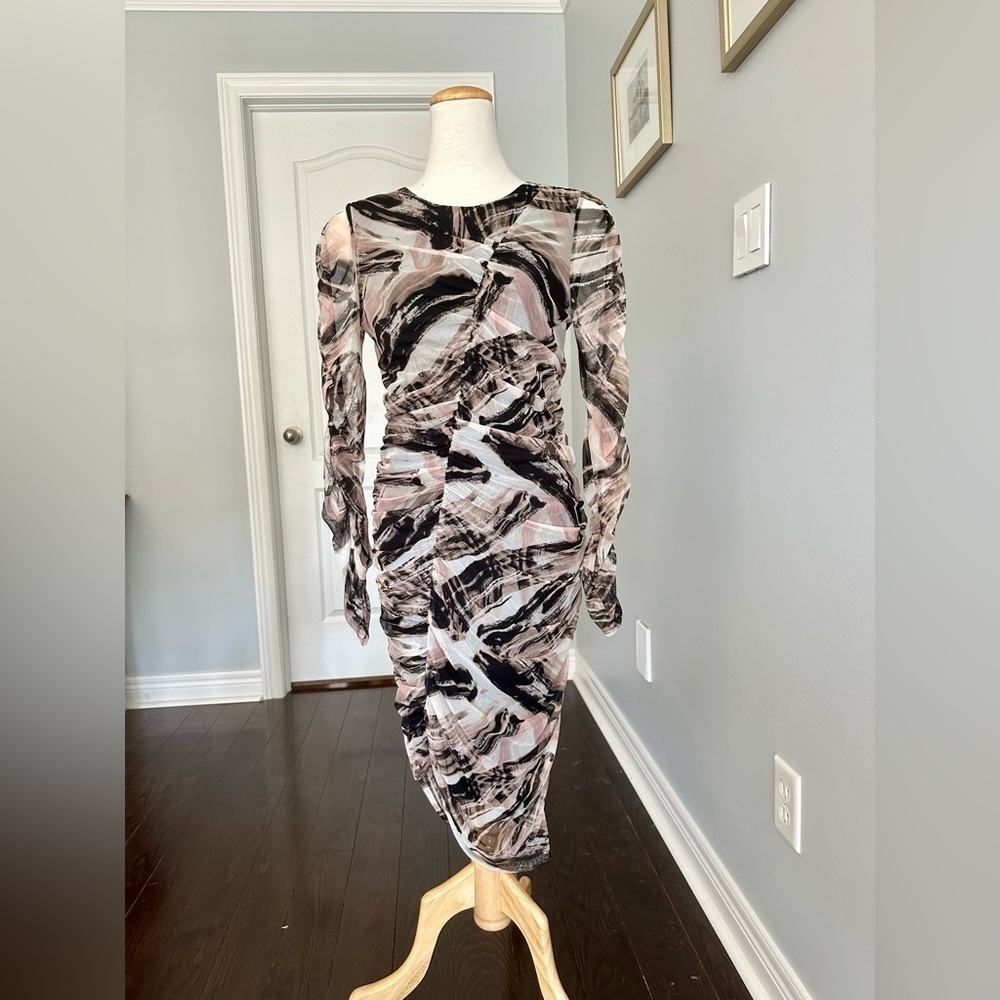 DKNY Printed Mesh Ruched Midi Sheath Dress